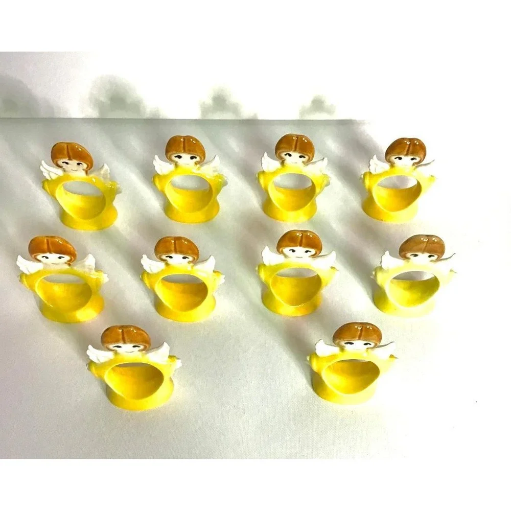 Vintage Christmas Angel Ceramic Napkin Rings & Cloth Napkin 10 Kitschy Holiday